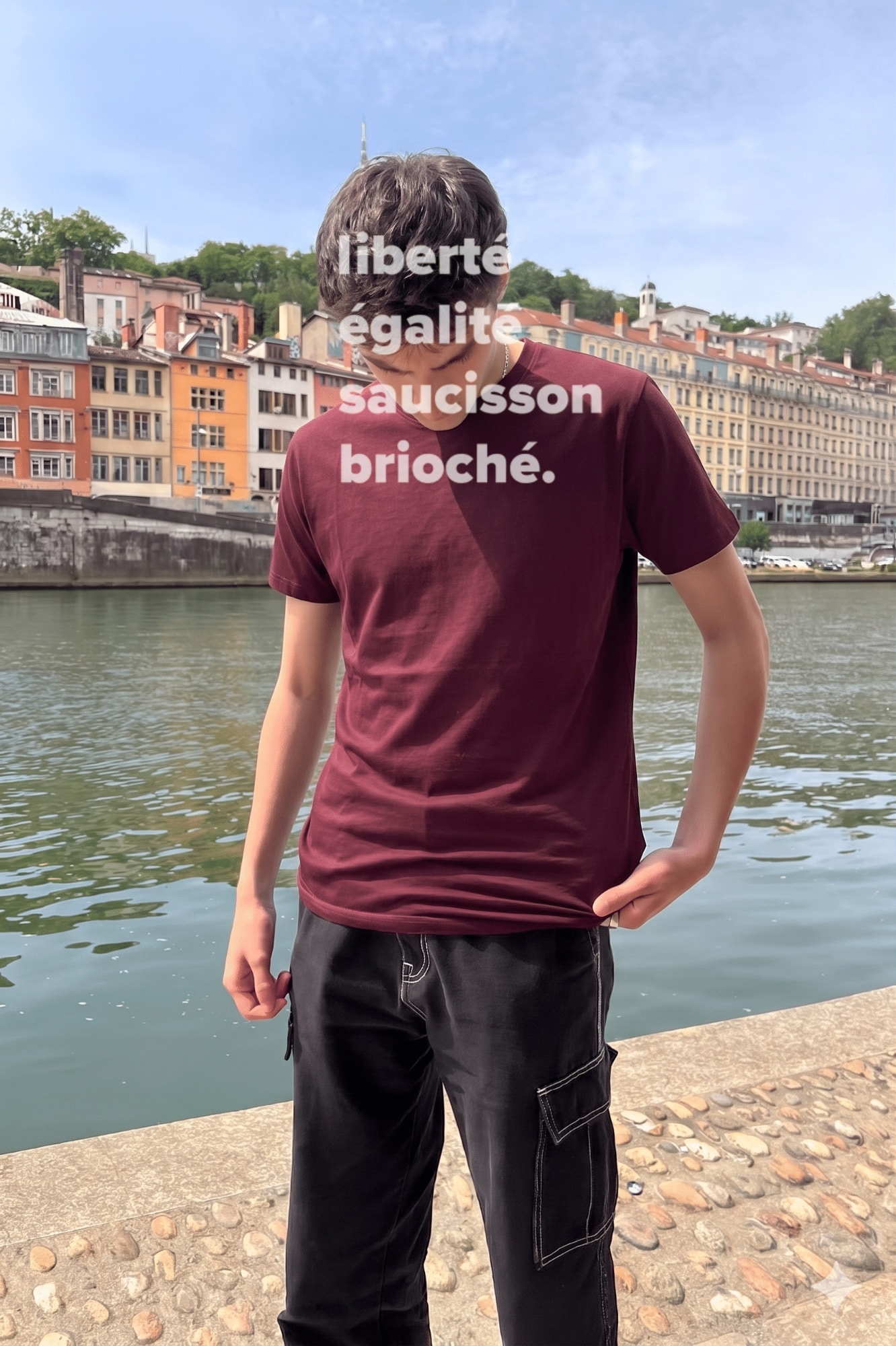 T-Shirt Homme – Liberté, Égalité, Saucisson Brioché Blanc — Bordeaux (face)