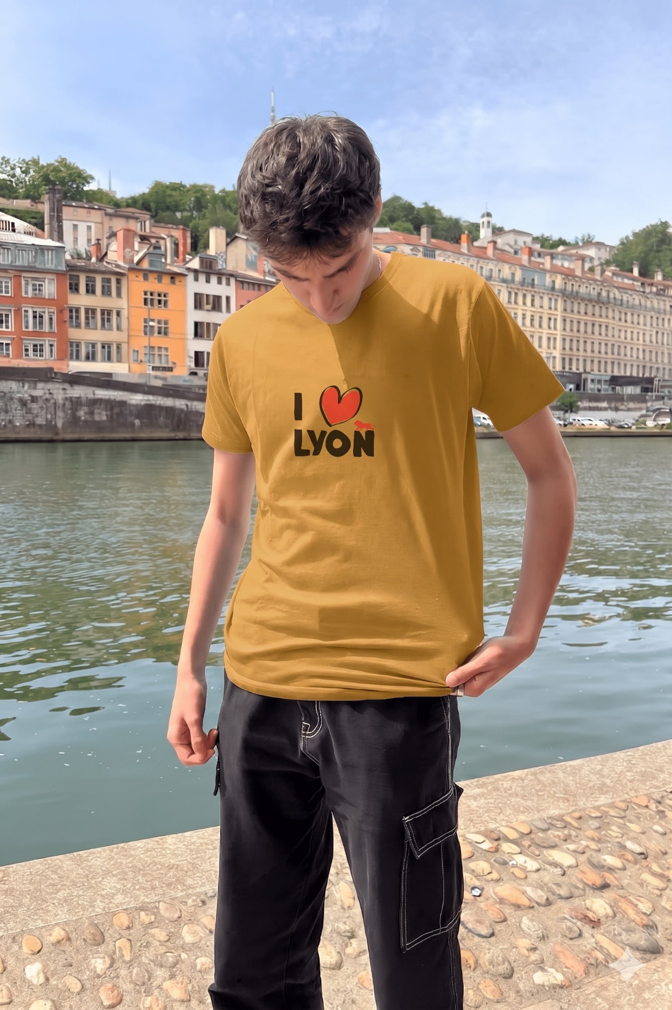 T-Shirt Homme – I Love Lyon — Moutarde (face)