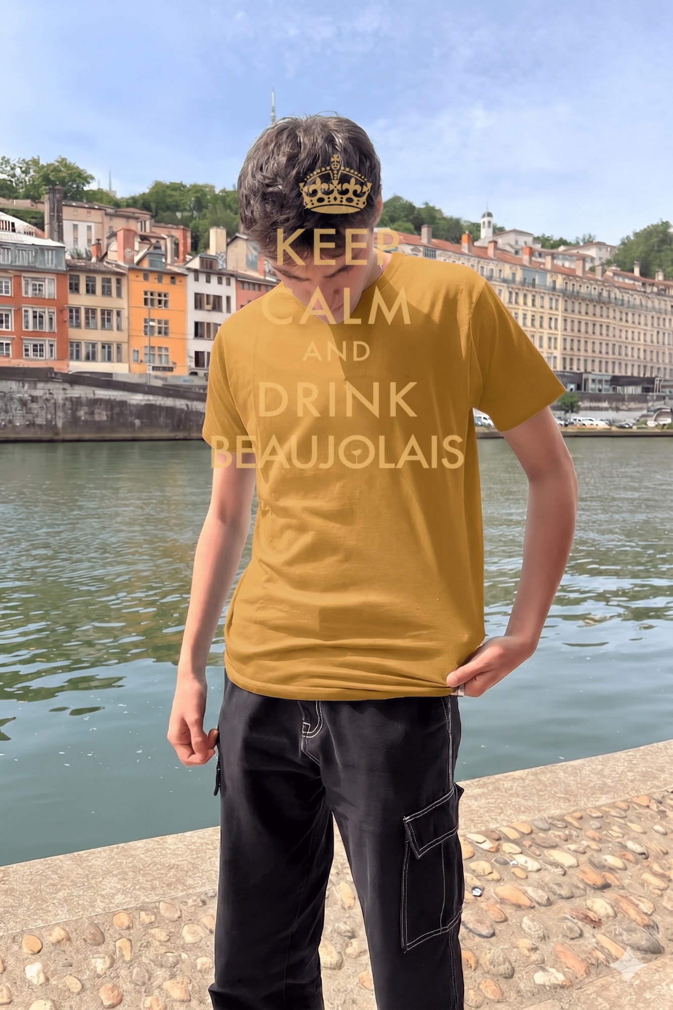 T-Shirt Homme – Keep Calm And Drink Beaujolais — Moutarde (face)