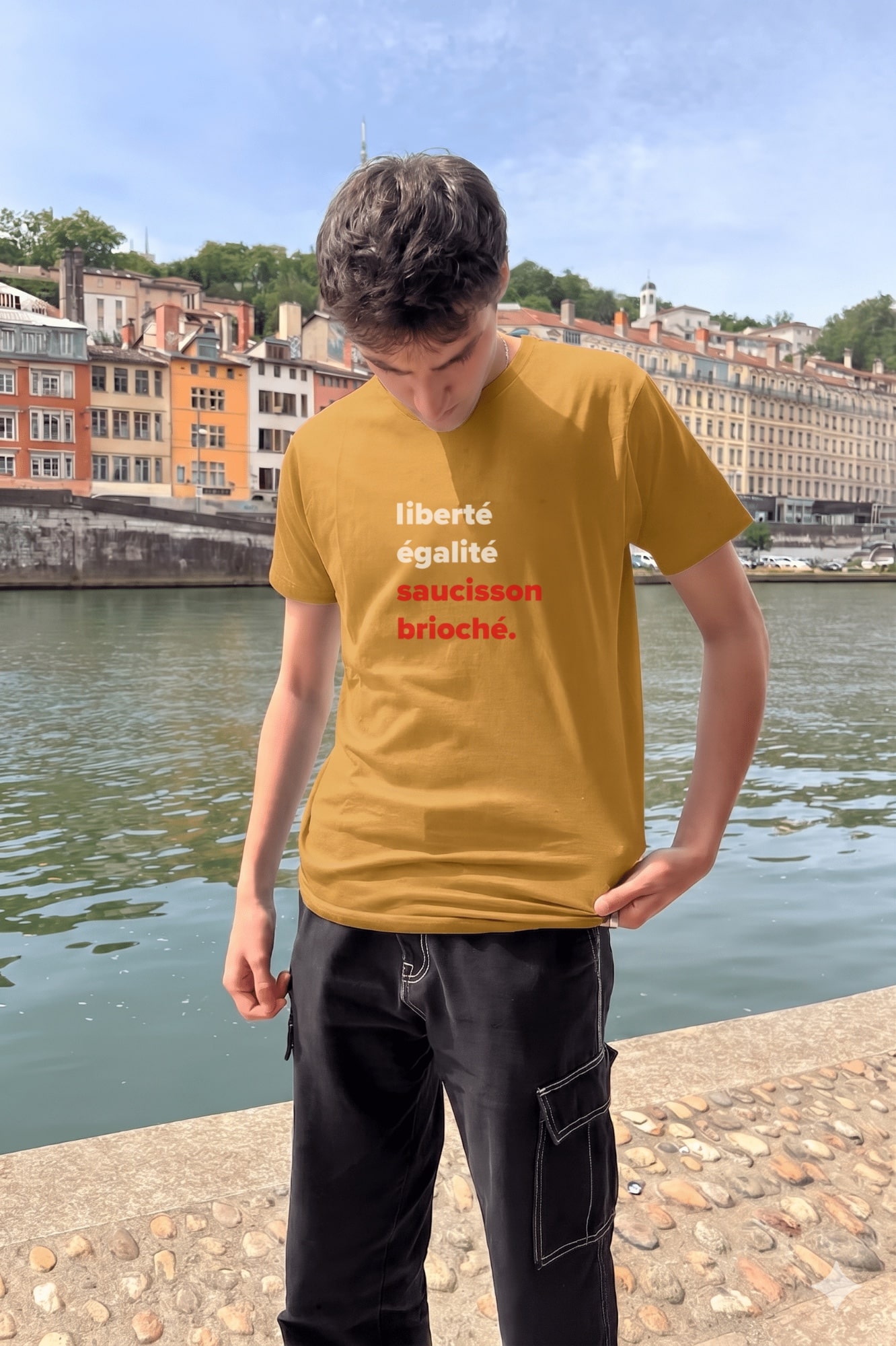 T-Shirt Homme – Liberté, Égalité, Saucisson Brioché — Moutarde (face)