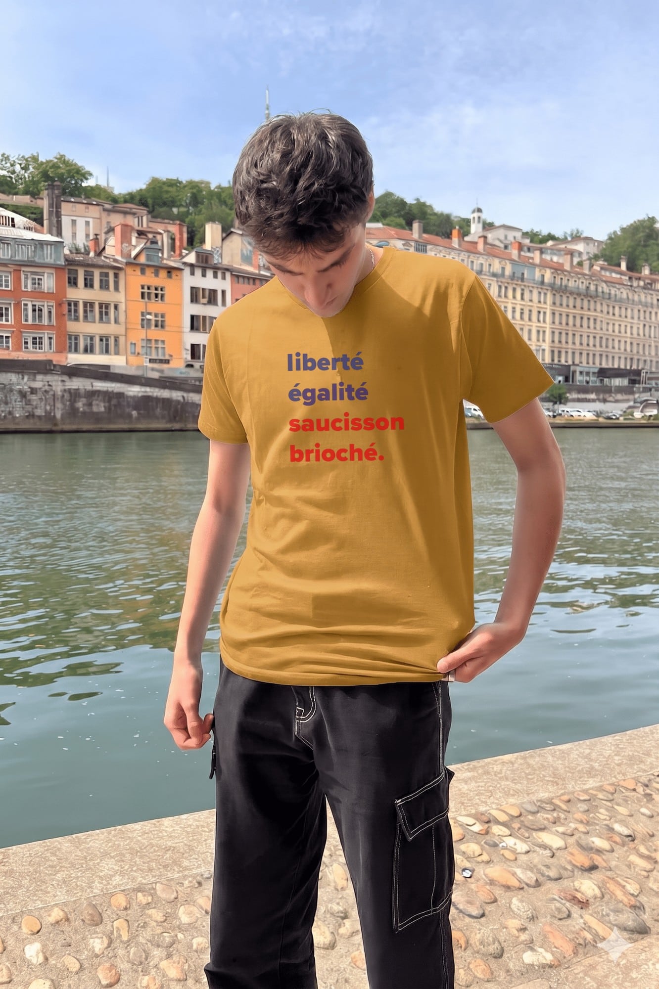 T-Shirt Homme – Liberté égalité saucisson brioché bleu et rouge — motif Bleu-rouge — Moutarde (face)