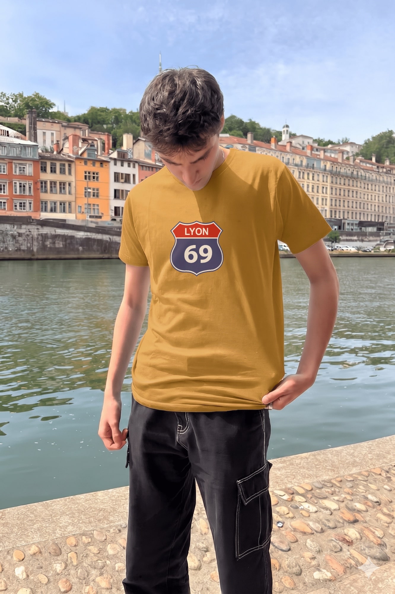 T-Shirt Homme – Lyon 69 Ecusson — Moutarde (face)