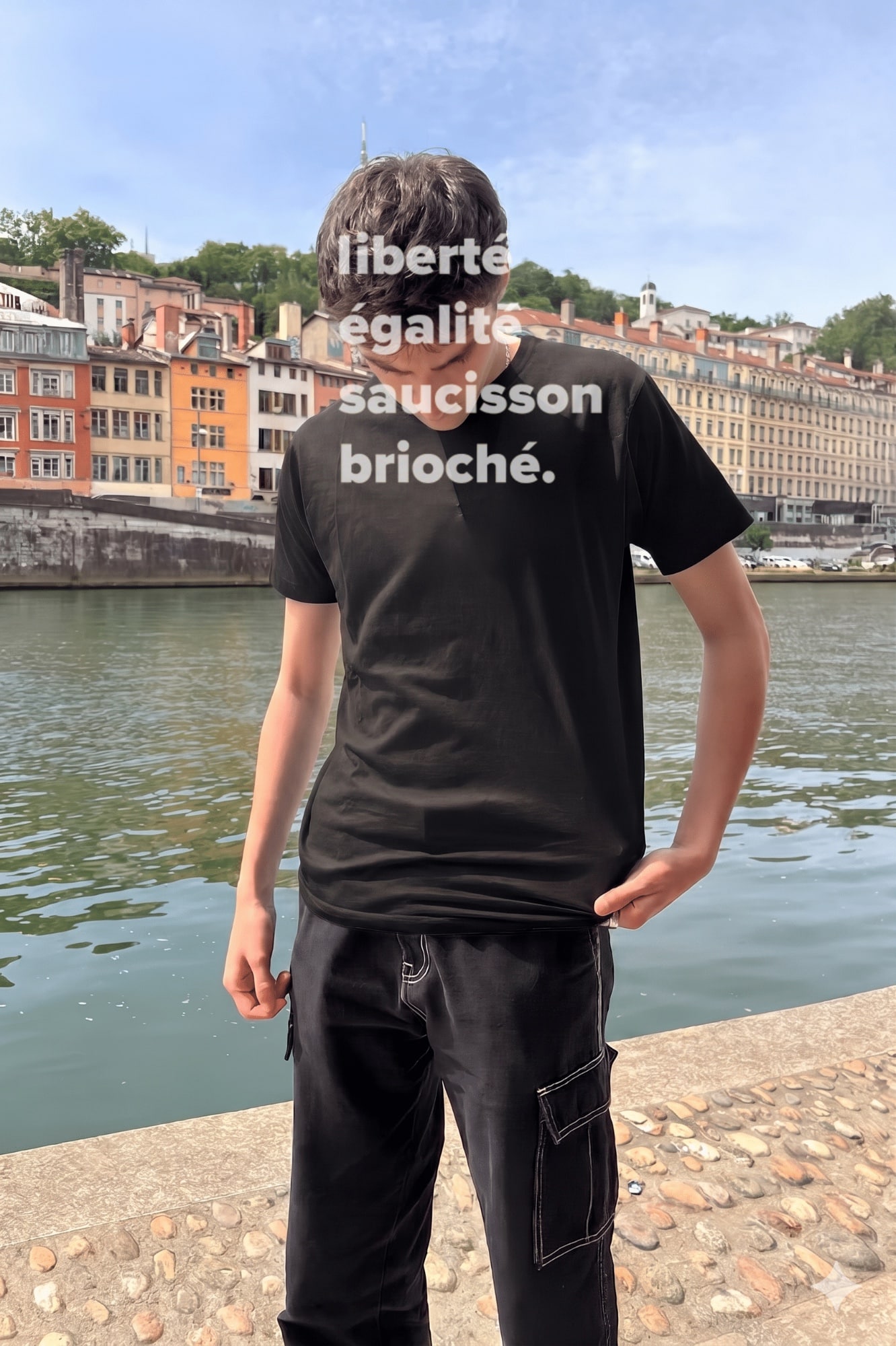 T-Shirt Homme – Liberté, Égalité, Saucisson Brioché Blanc — Noir (face)