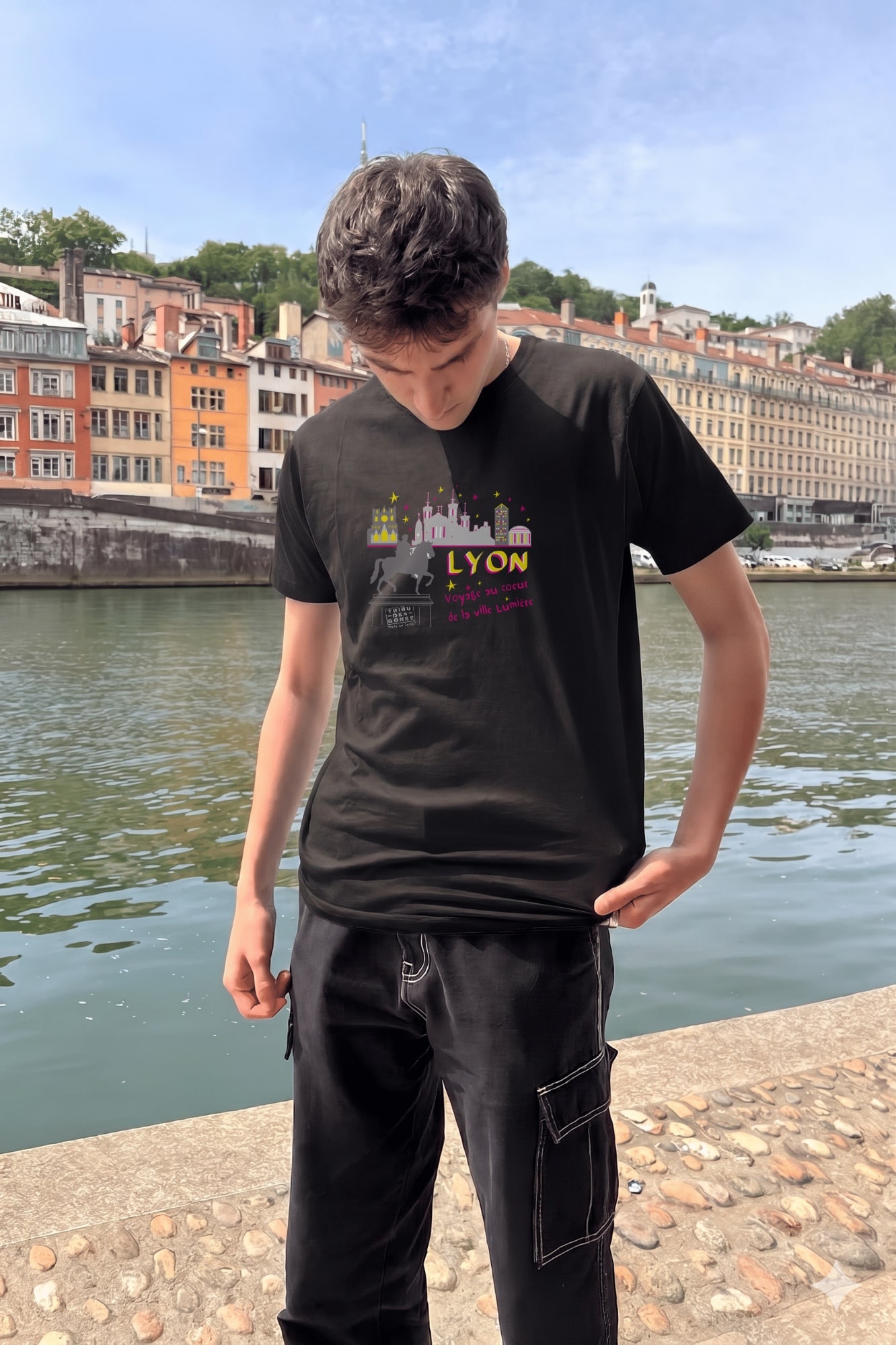 T-Shirt Homme – Voyage Au Coeur De La Ville Lumière — Noir (face)
