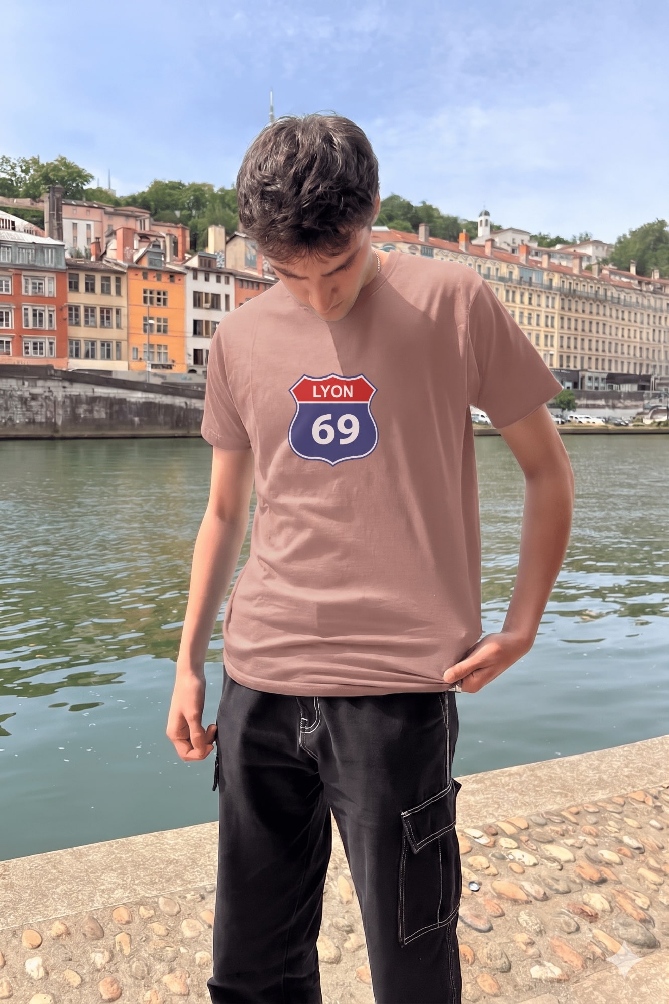 T-Shirt Homme – Lyon 69 Ecusson — Rose Poudre (face)