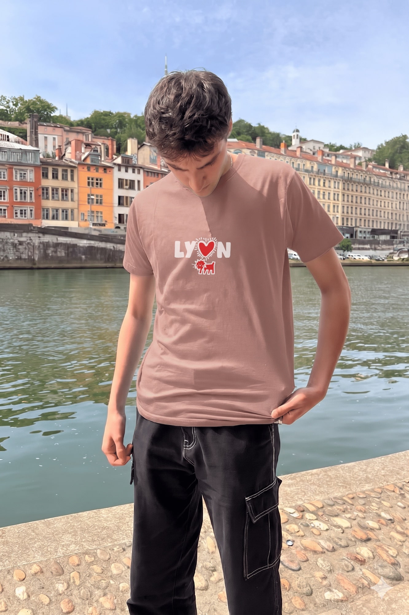 T-Shirt Homme – Lyon Moder Art Blanc — Rose Poudre (face)