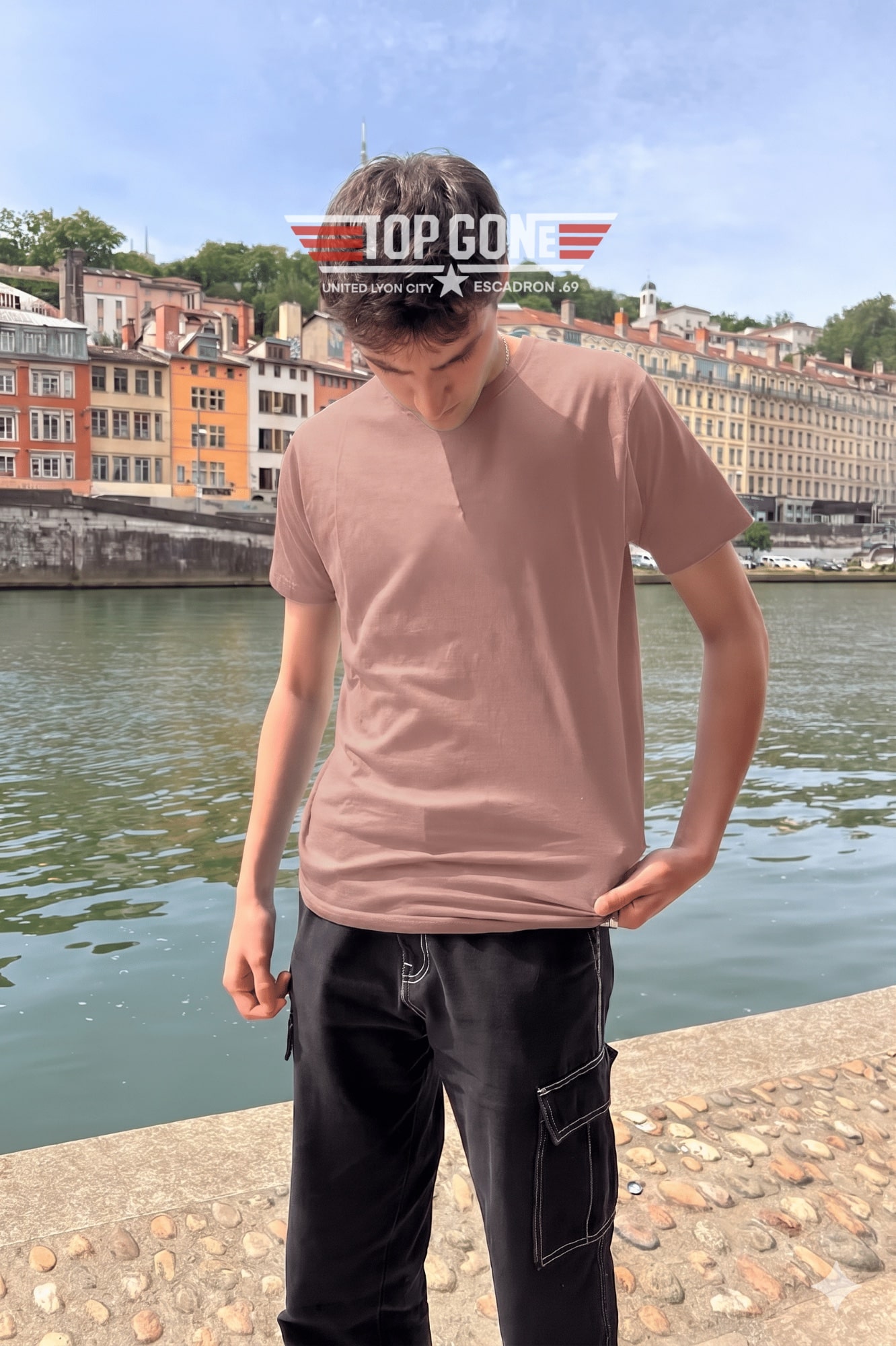 T-Shirt Homme – Top Gone Blanc — Rose Poudre (face)