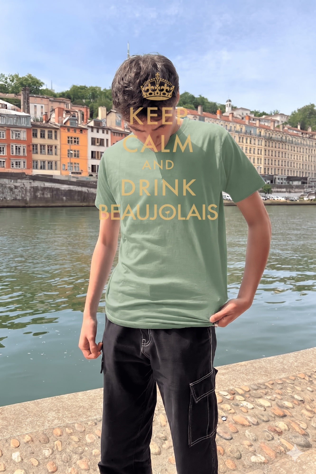 T-Shirt Homme – Keep Calm And Drink Beaujolais — Vert Sauge (face)