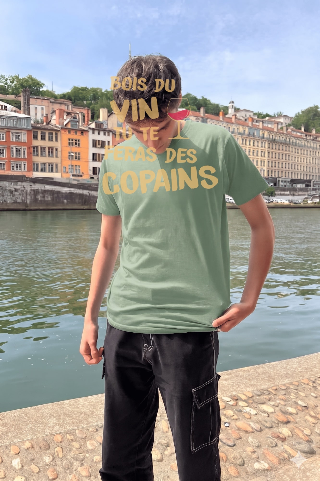 T-Shirt Homme – Vin Copain — Vert Sauge (face)