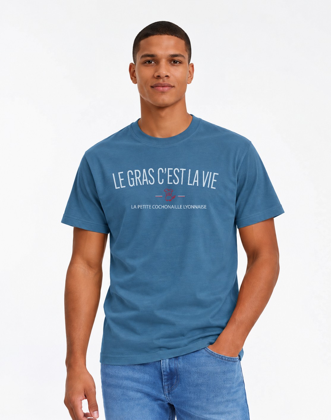 T-Shirt Homme –Bon vivant à la lyonnaise — motif blanc rouge — Bleu Encre (pose-mv9horeb-ns2t4b)