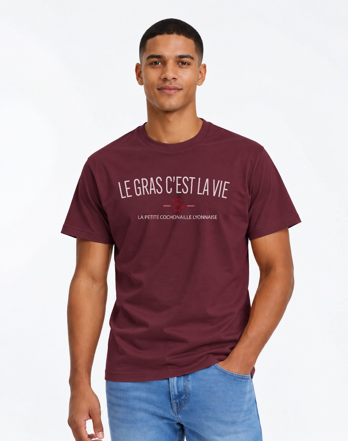 T-Shirt Homme –Bon vivant à la lyonnaise — motif blanc rouge — Bordeaux (pose-mv9horeb-ns2t4b)