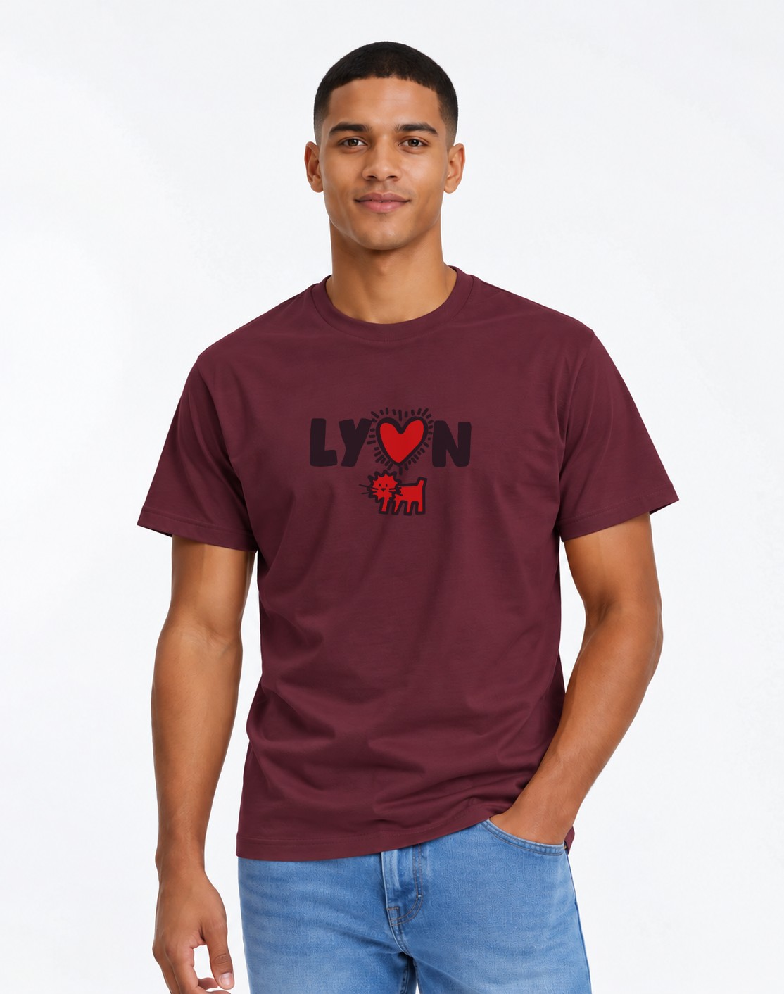 T-Shirt Homme – Lyon Ville Lumière — motif noir — Bordeaux (pose-mv9horeb-ns2t4b)