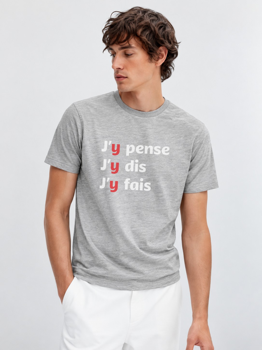 T-Shirt Homme – J Y Pense J Y Dis J Y Fais Bleu — motif blanc — Gris Chiné (pose-mv9ho1xu-ff2940)