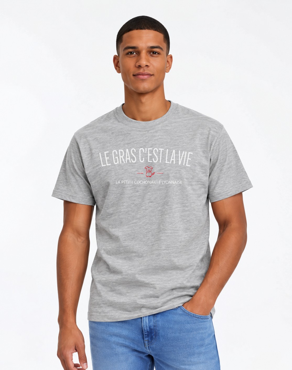 T-Shirt Homme –Bon vivant à la lyonnaise — motif blanc rouge — Gris Chiné (pose-mv9horeb-ns2t4b)