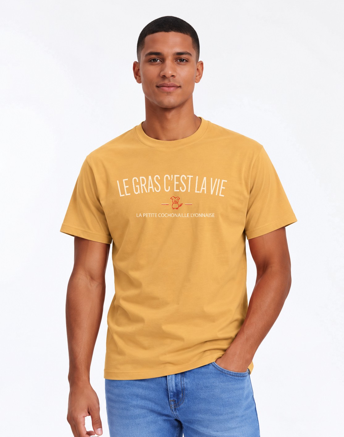 T-Shirt Homme –Bon vivant à la lyonnaise — motif blanc rouge — Moutarde (pose-mv9horeb-ns2t4b)