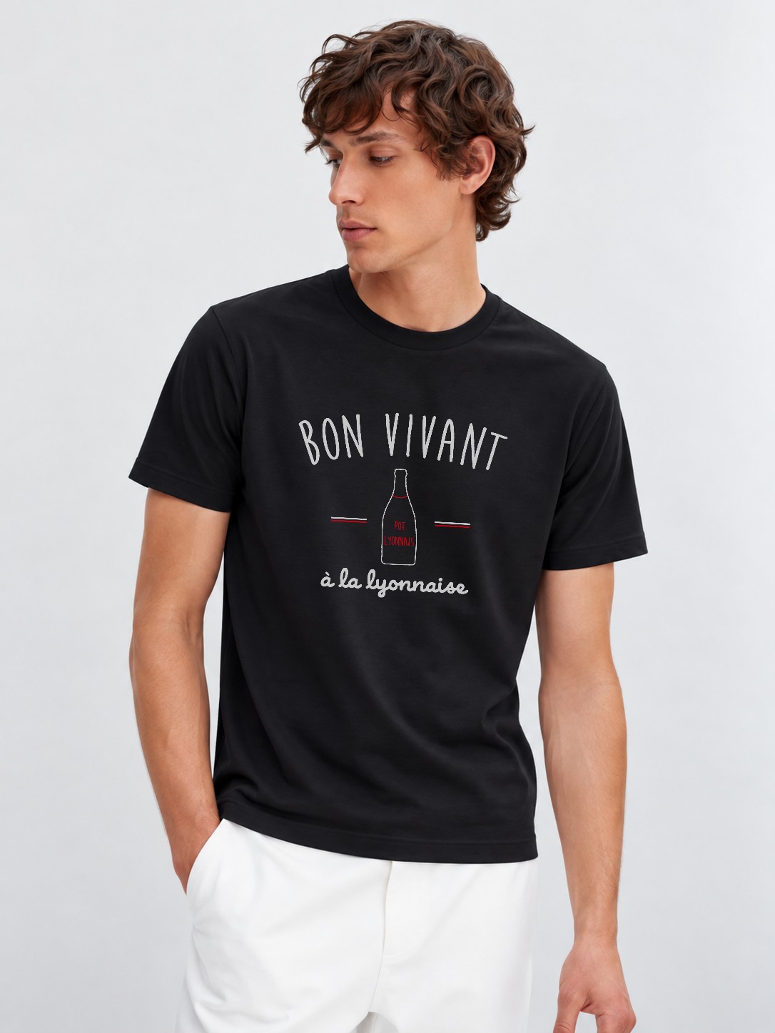 T-Shirt Homme –Bon vivant à la lyonnaise — motif blanc rouge — Noir (pose-mv9ho1xu-ff2940)