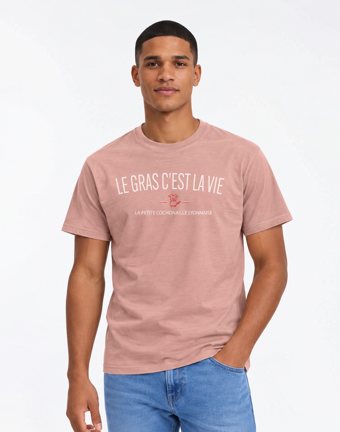 T-Shirt Homme –Bon vivant à la lyonnaise — motif blanc rouge — Rose vintage (pose-mv9horeb-ns2t4b)