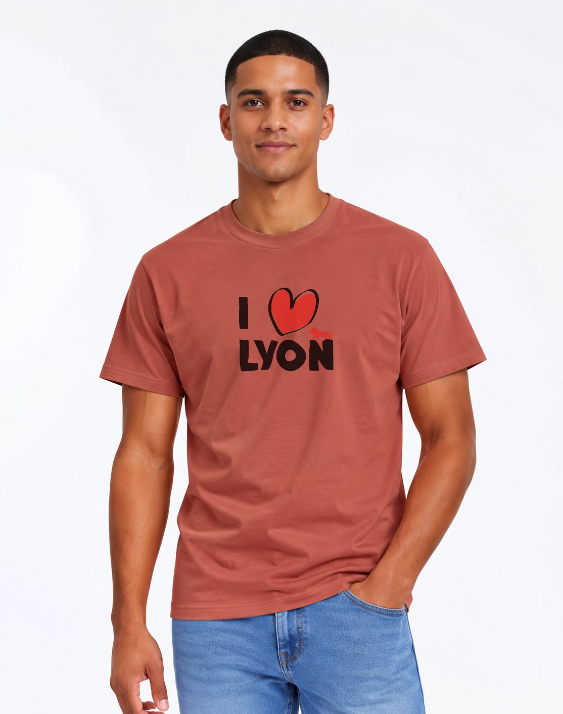 T-Shirt Homme – I Love Lyon — motif noir — Rouille (pose-mv9horeb-ns2t4b)