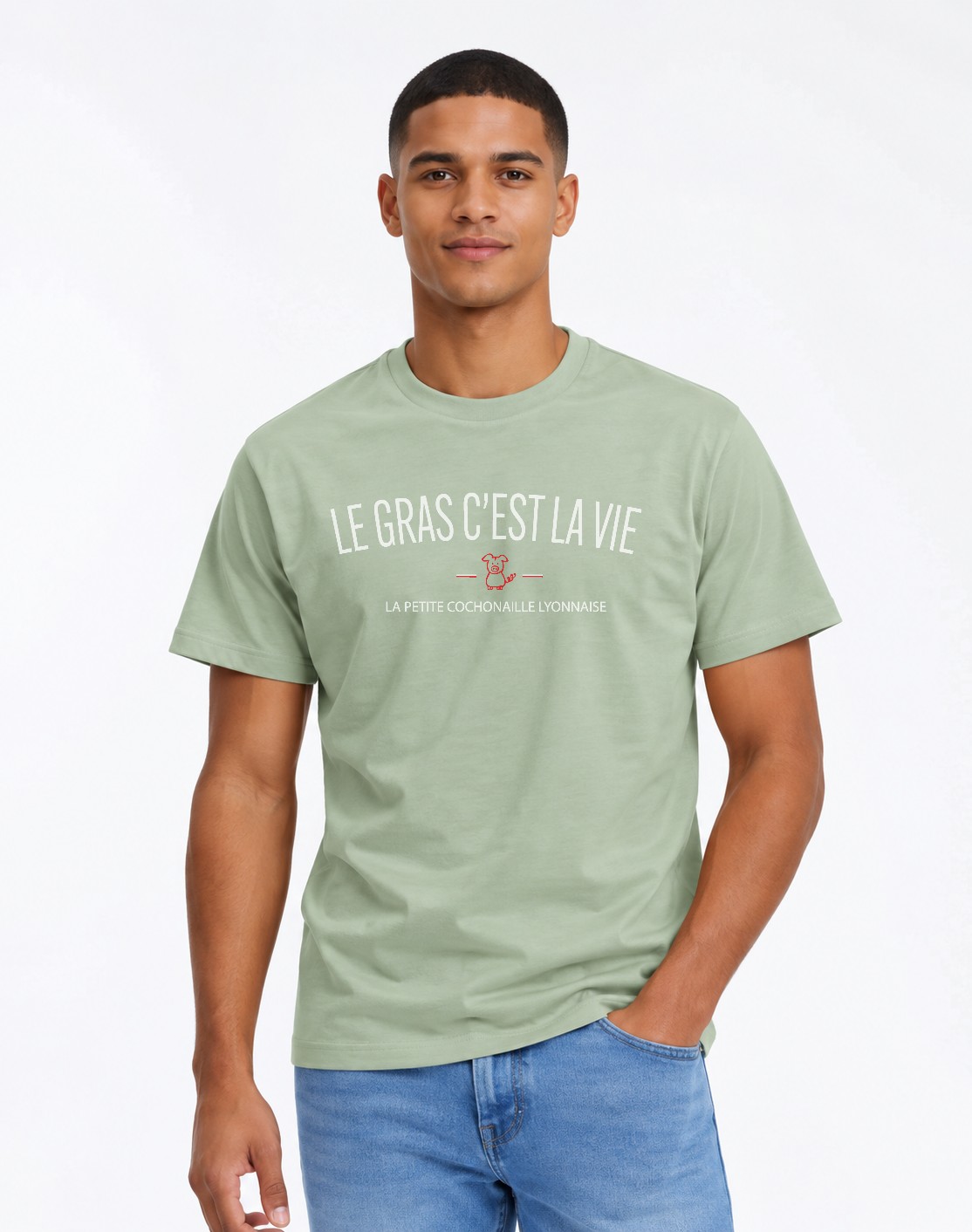 T-Shirt Homme –Bon vivant à la lyonnaise — motif blanc rouge — Vert Sauge (pose-mv9horeb-ns2t4b)
