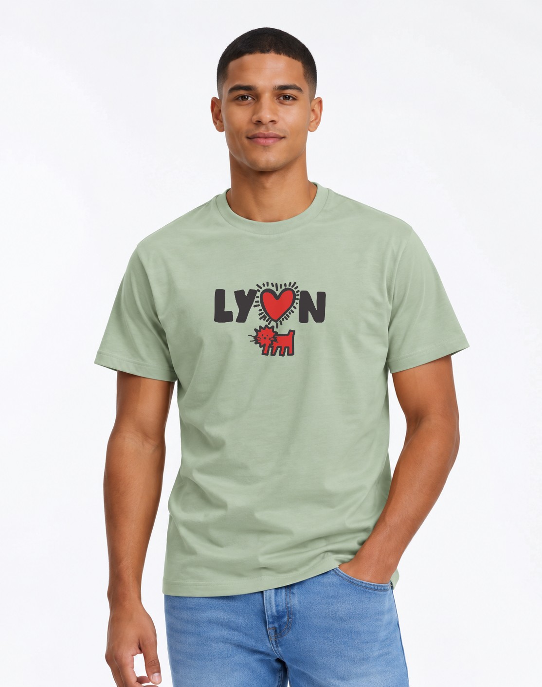T-Shirt Homme – Lyon Ville Lumière — motif noir — Vert Sauge (pose-mv9horeb-ns2t4b)