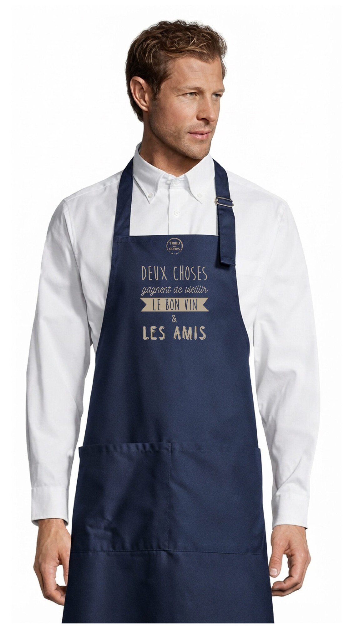 Tablier adulte – Le bon vin les amis — motif Texte crème — Bleu marine (face)
