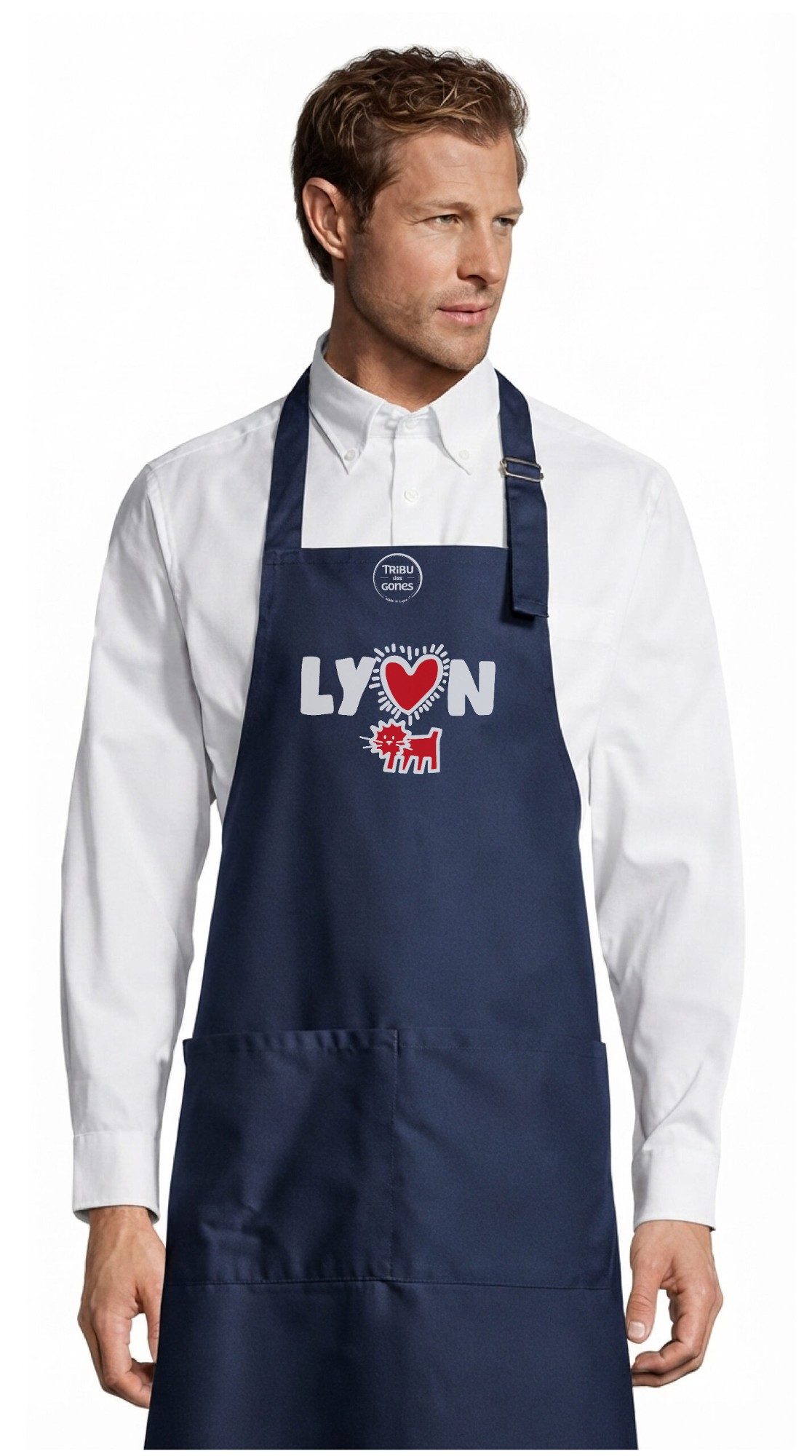Tablier adulte – Lyon modern art — motif Texte blanc et rouge — Bleu marine (face)