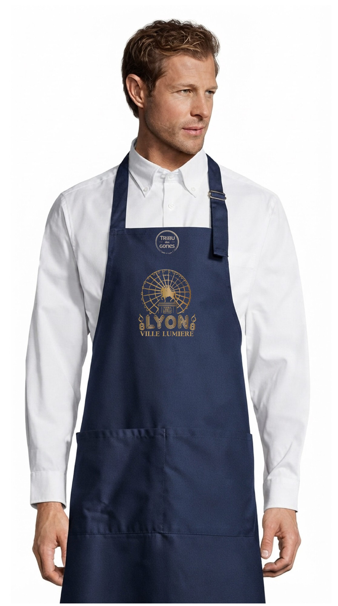 Tablier adulte – Roue dorée — Bleu marine (face)