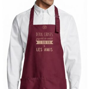 Tablier adulte – Le bon vin les amis — motif Texte crème — Bordeau (face)