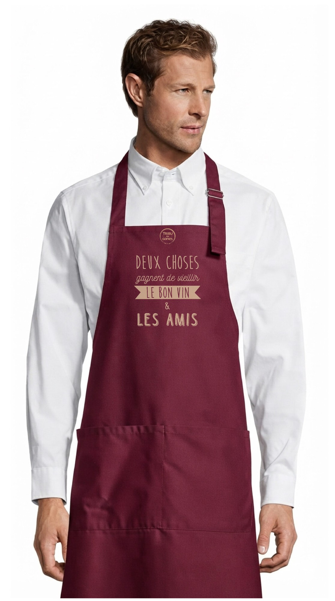 Tablier adulte – Le bon vin les amis — motif Texte crème — Bordeau (face)