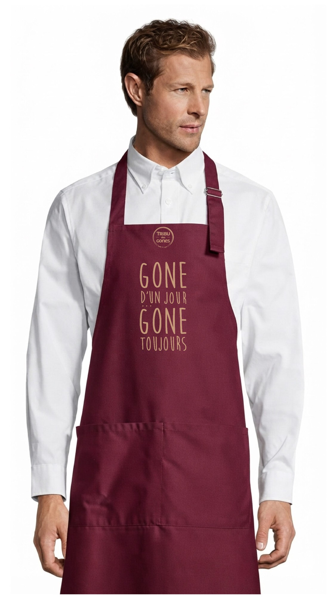 Tablier adulte – Gone d'un jour gone toujours — motif Texte crème — Bordeau (face)