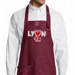 Tablier adulte – Lyon modern art — motif Texte blanc et rouge — Bordeau (face)