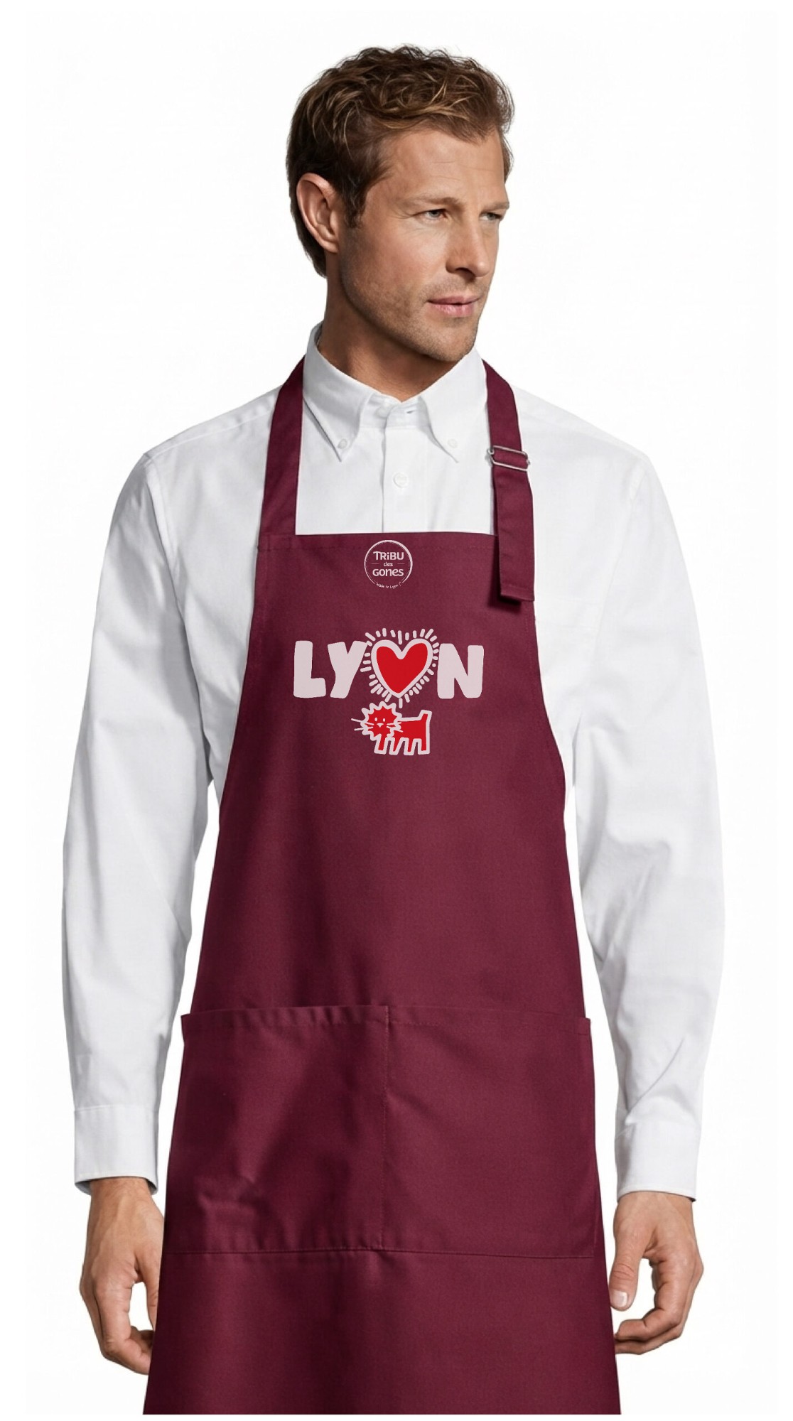 Tablier adulte – Lyon modern art — motif Texte blanc et rouge — Bordeau (face)