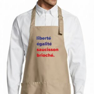 Tablier adulte – Liberté, Égalité, Saucisson Brioché — motif Texte bleu et rouge — Café (face)