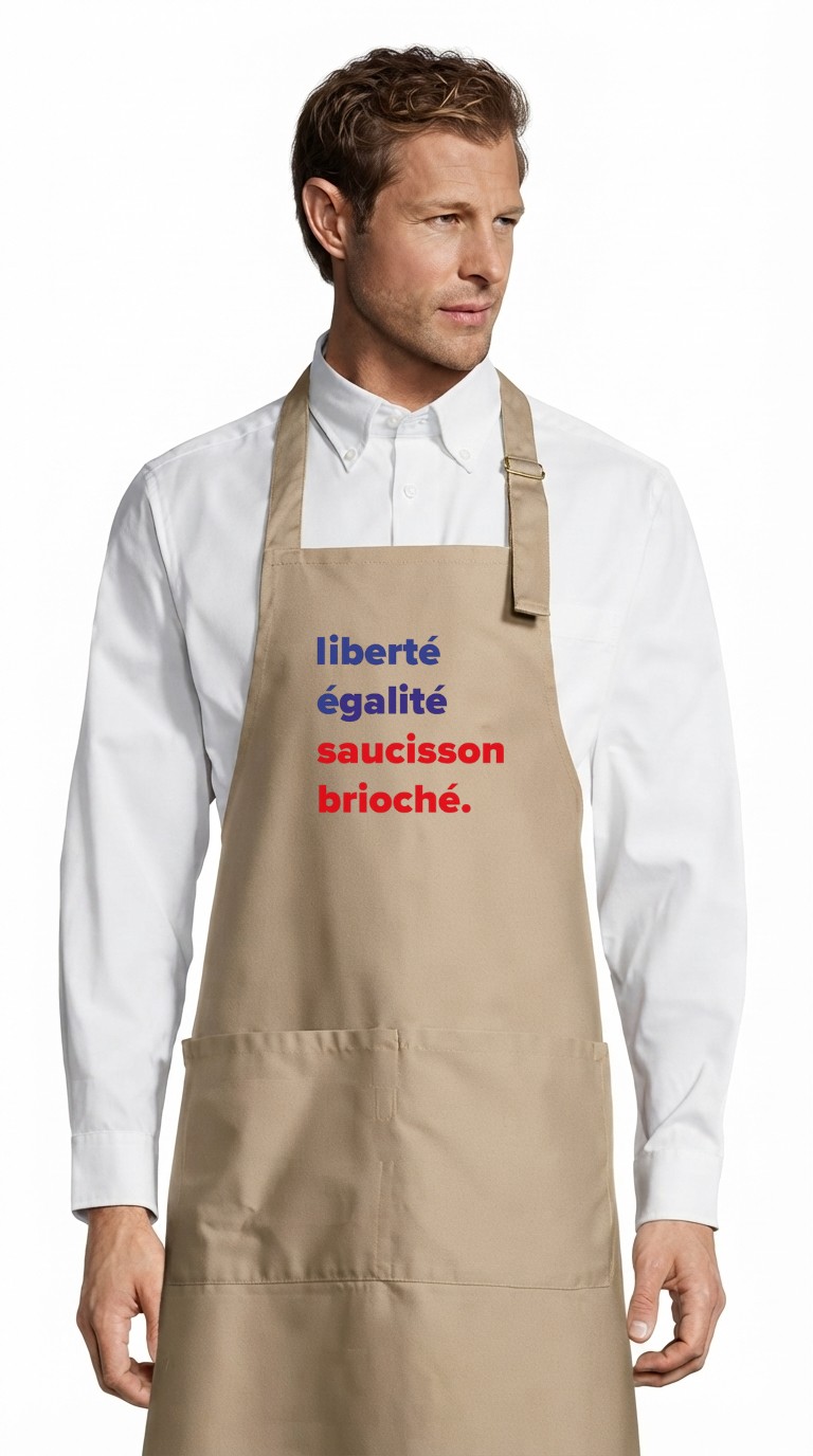 Tablier adulte – Liberté, Égalité, Saucisson Brioché — motif Texte bleu et rouge — Café (face)