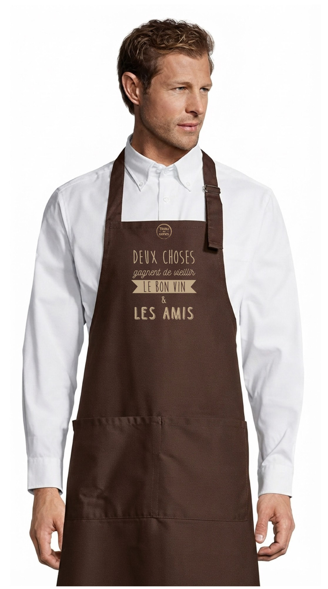 Tablier adulte – Le bon vin les amis — motif Texte crème — Chocolat (face)