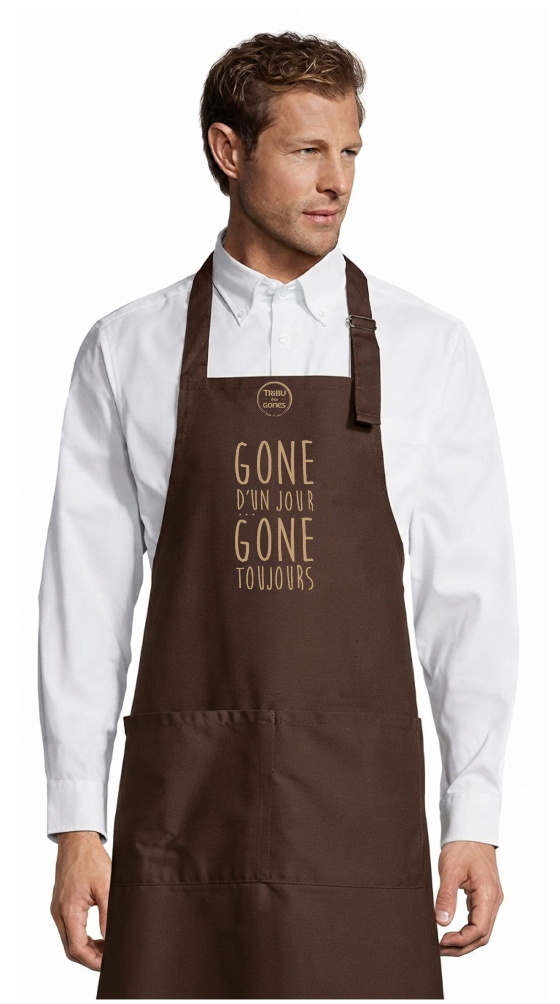 Tablier adulte – Gone d'un jour gone toujours — motif Texte crème — Chocolat (face)