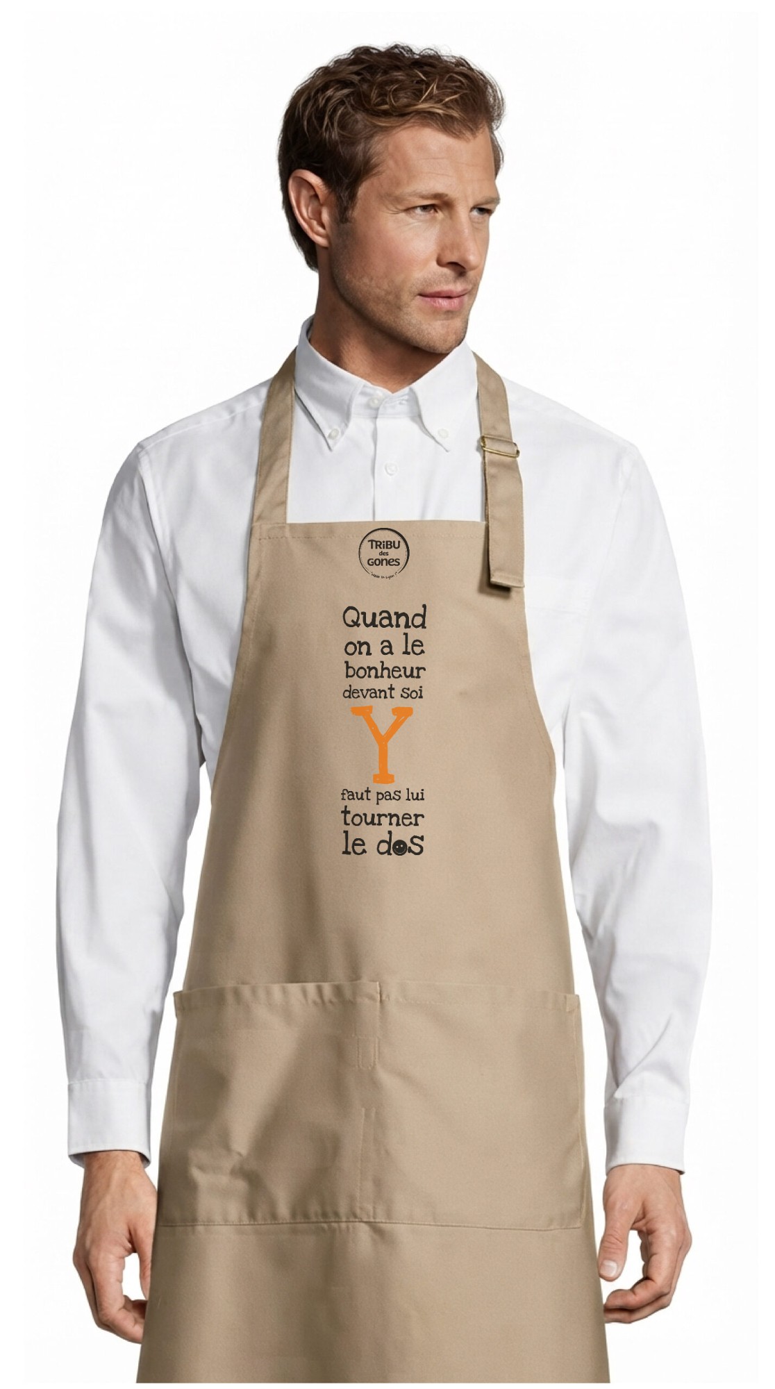 Tablier adulte – Quand on a le bonheur devant soi — motif Texte noir et orange — Corde (face)