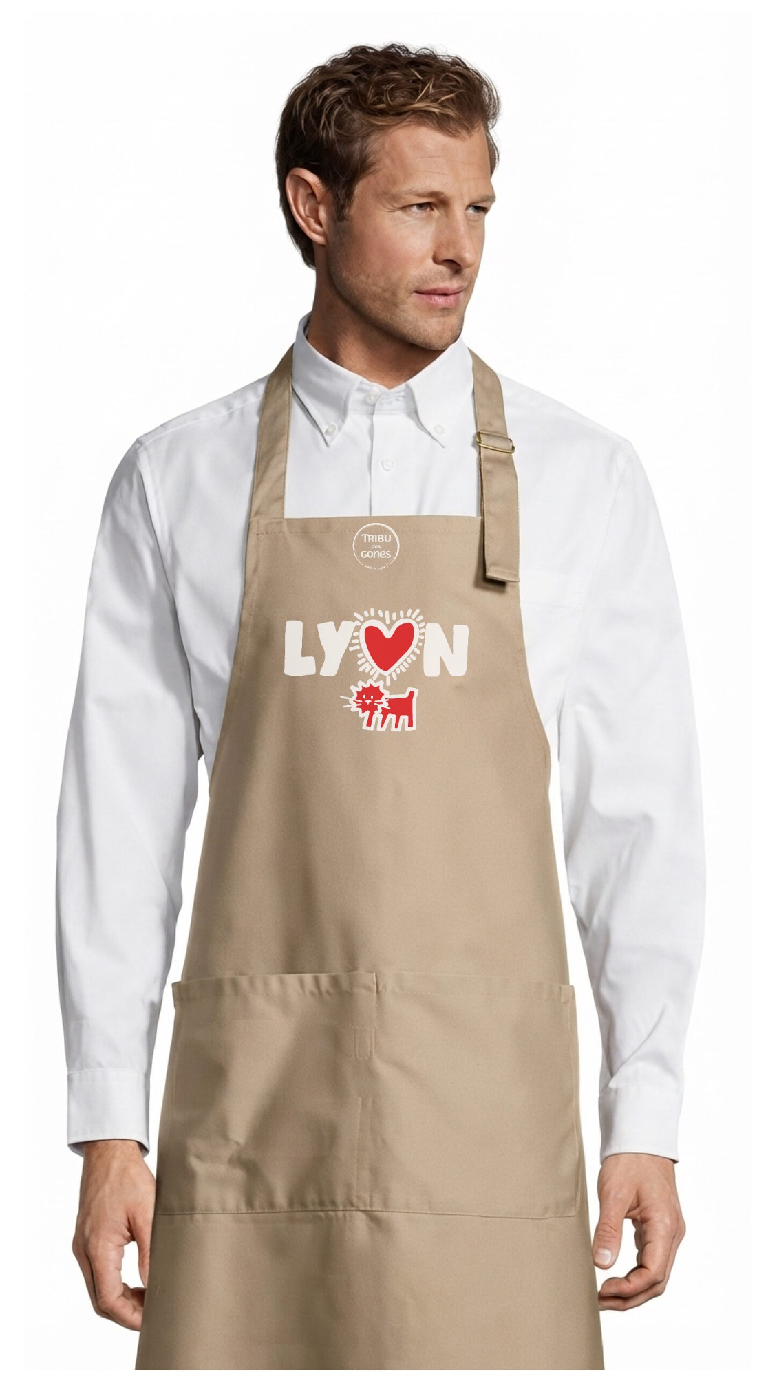 Tablier adulte – Lyon modern art — motif Texte blanc et rouge — Corde (face)