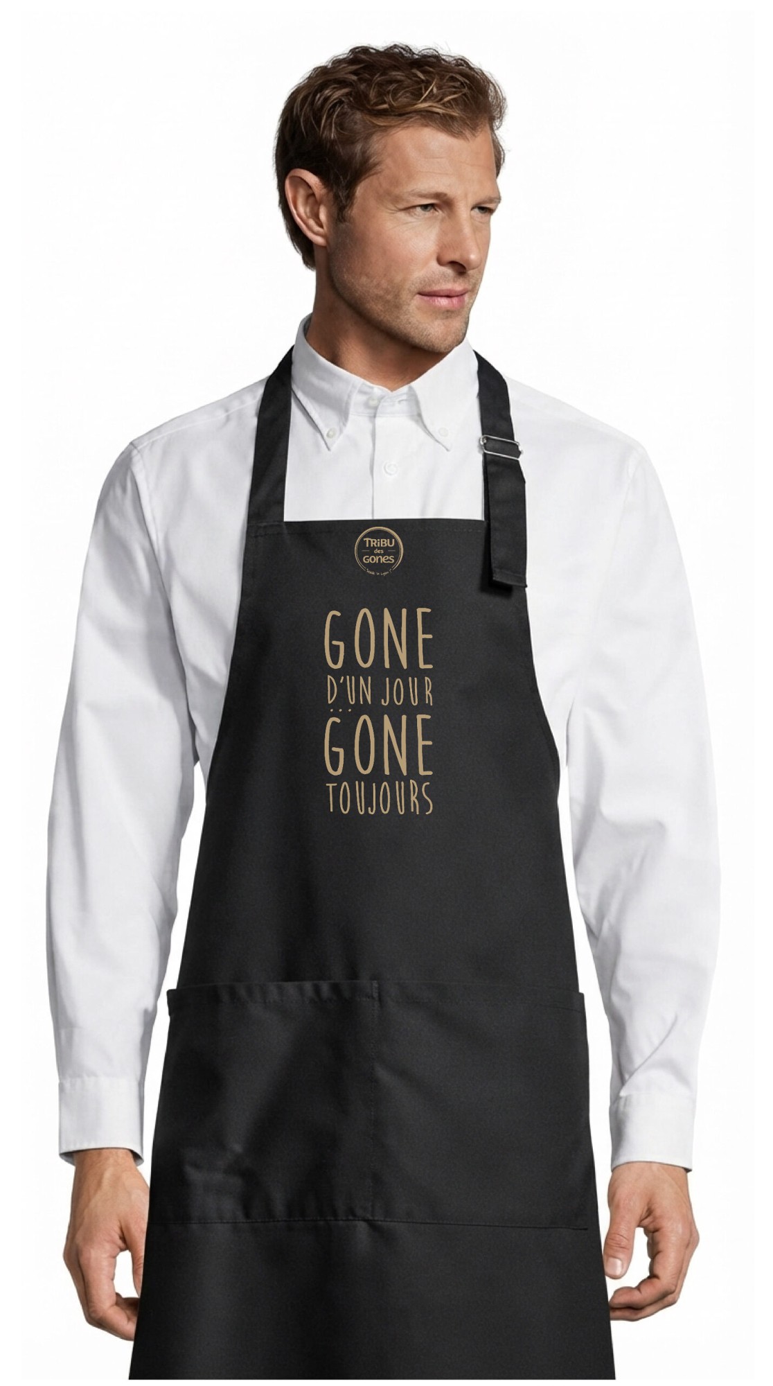 Tablier adulte – Gone d'un jour gone toujours — motif Texte crème — Noir (face)