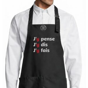 Tablier adulte – J'y pense j'y dis j'y fais — motif Texte blanc et rouge — Noir (face)