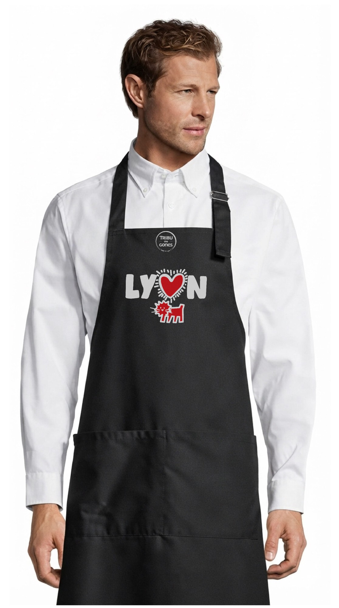 Tablier adulte – Lyon modern art — motif Texte blanc et rouge — Noir (face)