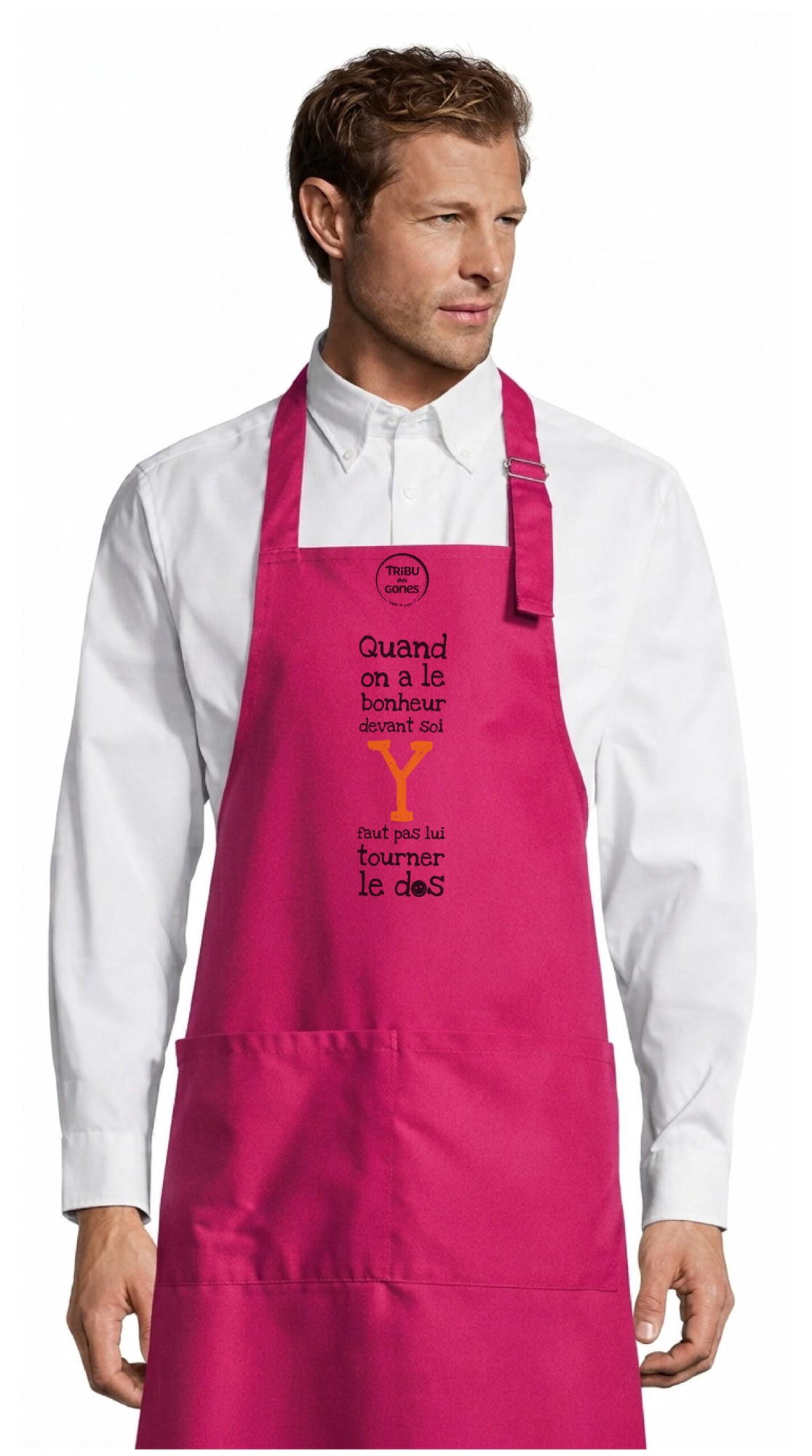 Tablier adulte – Quand on a le bonheur devant soi — motif Texte noir et orange — Rose (face)