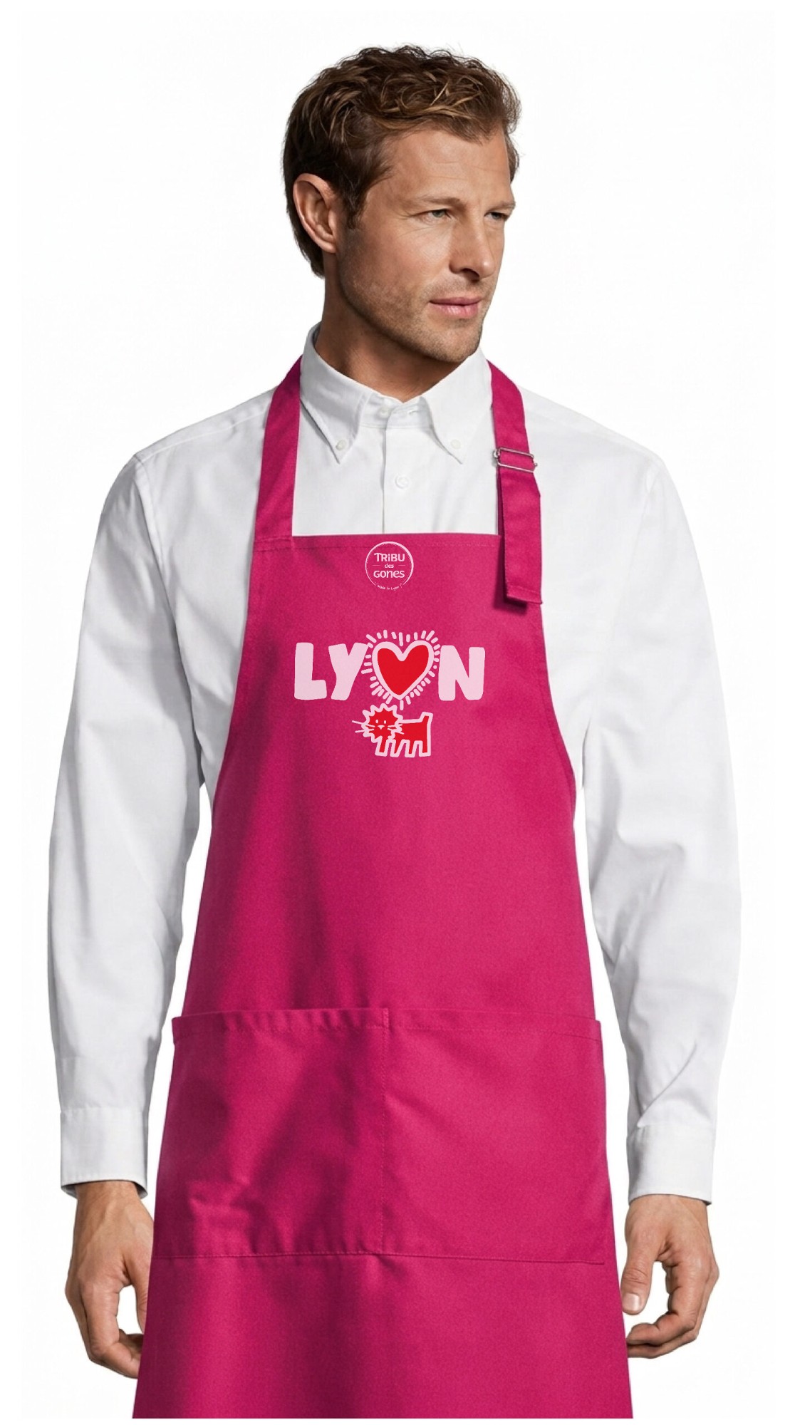 Tablier adulte – Lyon modern art — motif Texte blanc et rouge — Rose (face)