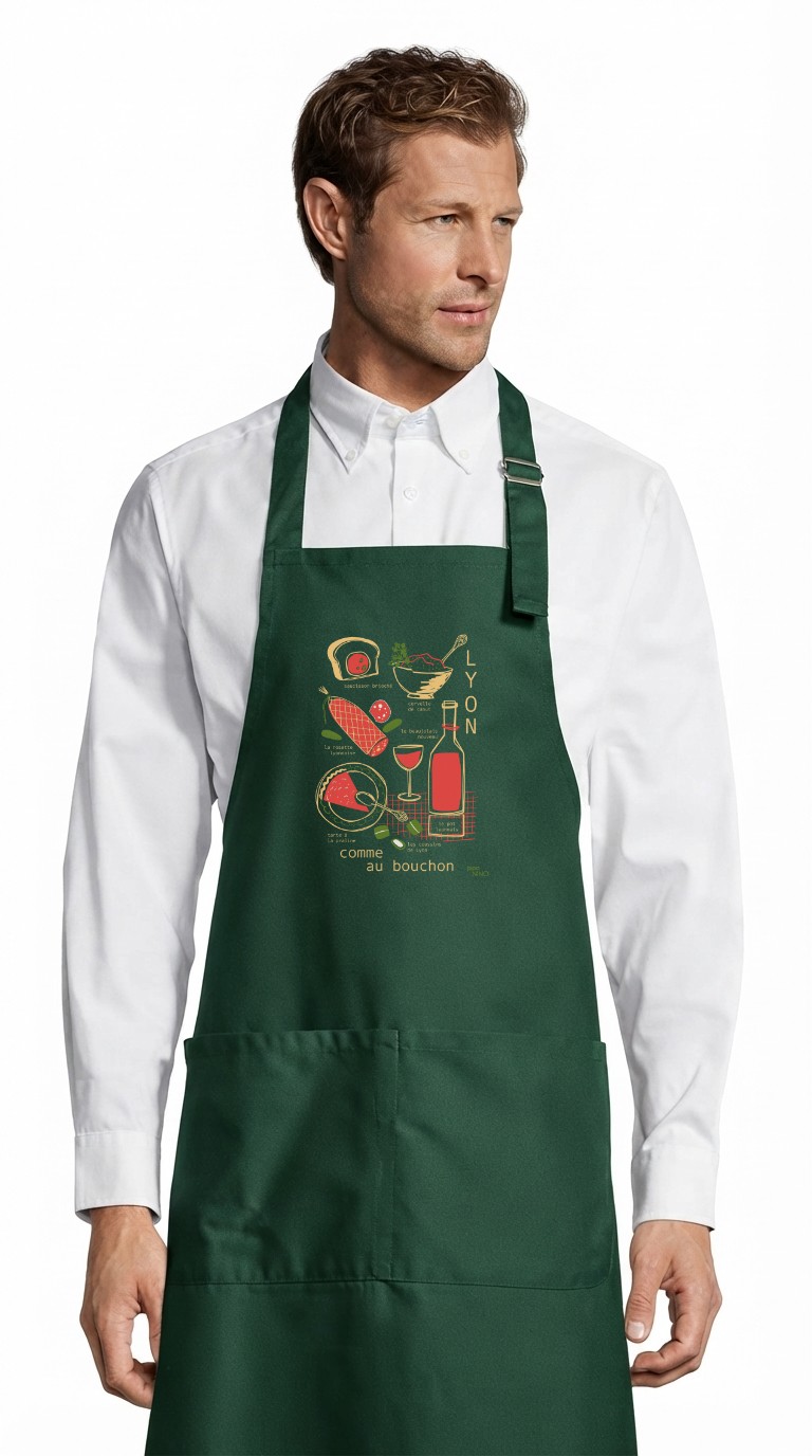 Tablier adulte – Lyon Comme au bouchon — Vert bouteille (face)
