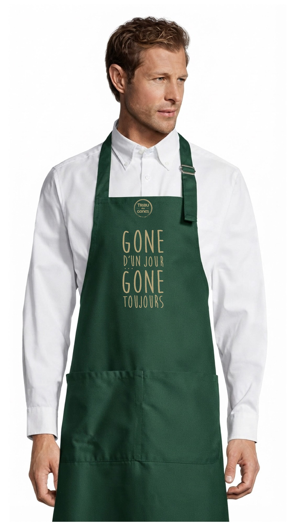 Tablier adulte – Gone d'un jour gone toujours — motif Texte crème — Vert bouteille (face)
