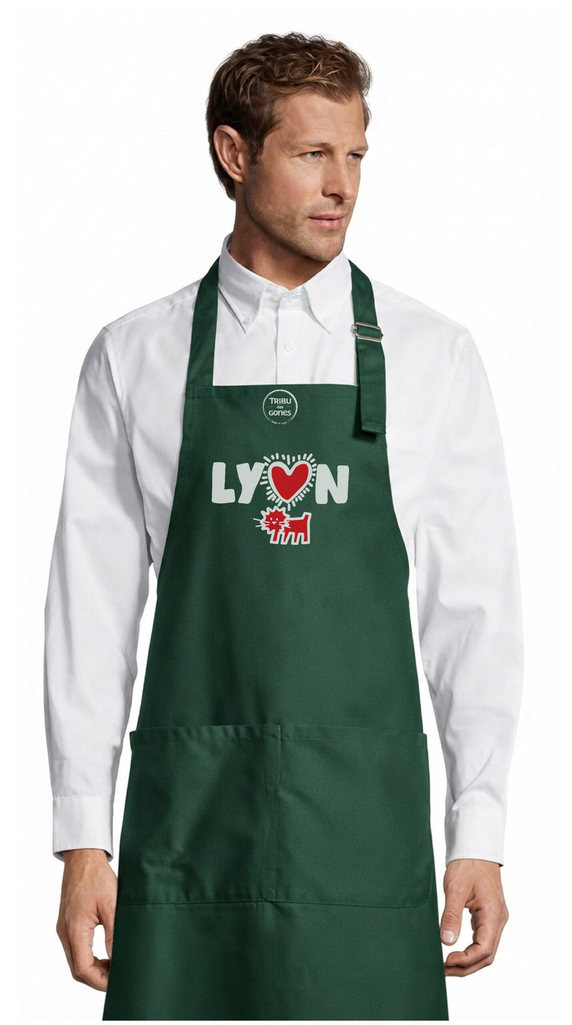 Tablier adulte – Lyon modern art — motif Texte blanc et rouge — Vert bouteille (face)