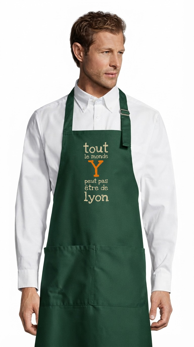 Tablier adulte – Tout le monde Y peut pas être de Lyon — motif Texte crème et orange — Vert bouteille (face)